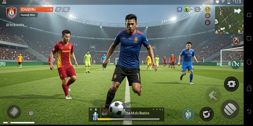 Screenshot gameplay IDNSERU menampilkan aksi sepak bola yang mendebarkan.