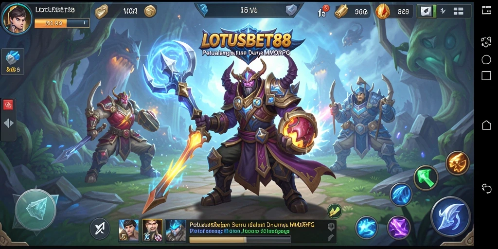Screenshot gameplay LOTUSBET88 menunjukkan pertarungan epik dalam dunia fantasi.
